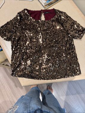 Sparkling Brown Sequin Short Sleeve Top - ark &co
